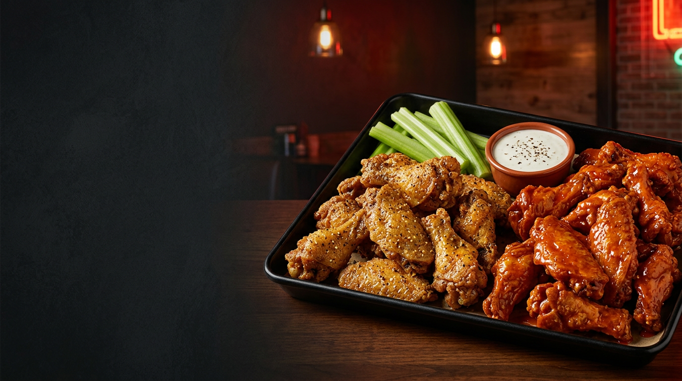 Crispy wings with fries and dipping sauce